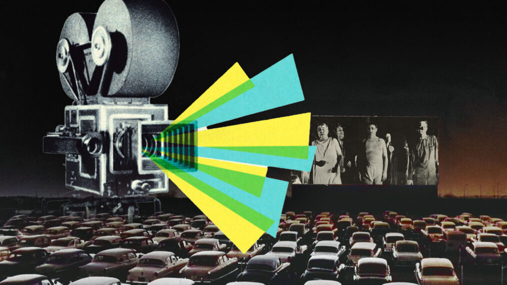 Cars at a drive-in movie theater graphic