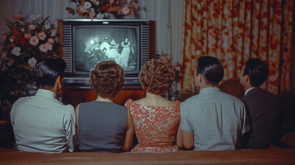 Friends Watching Vintage Films in a 1950s Living Room Setup