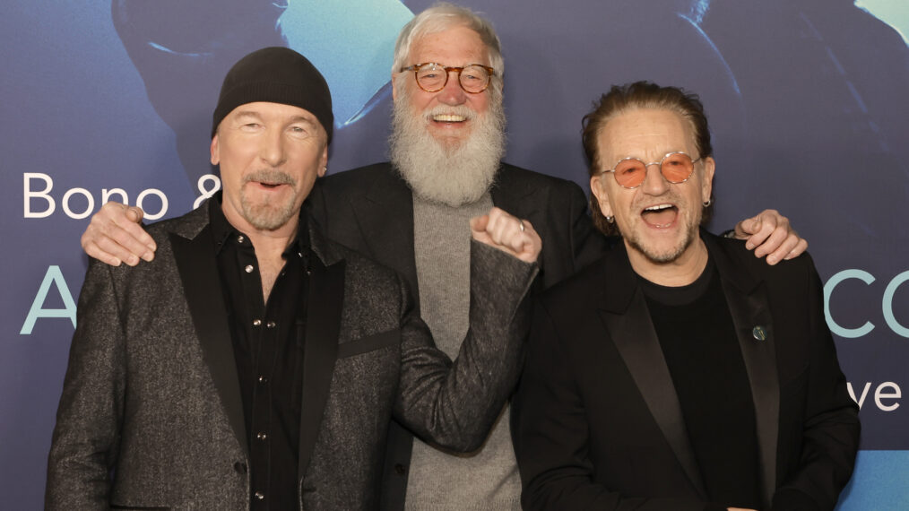 The Edge, David Letterman and Bono at a media event for new Disney+ documentary special