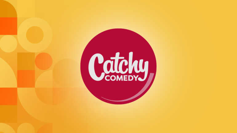 logo for the new Catchy Comedy network from Weigel Broadcasting Co., with the white letters of the network's name within a red circle set against a yellow backdrops. The channel is a rebrand of the company's DECADES Network which will now focus exclusively on sitcoms.