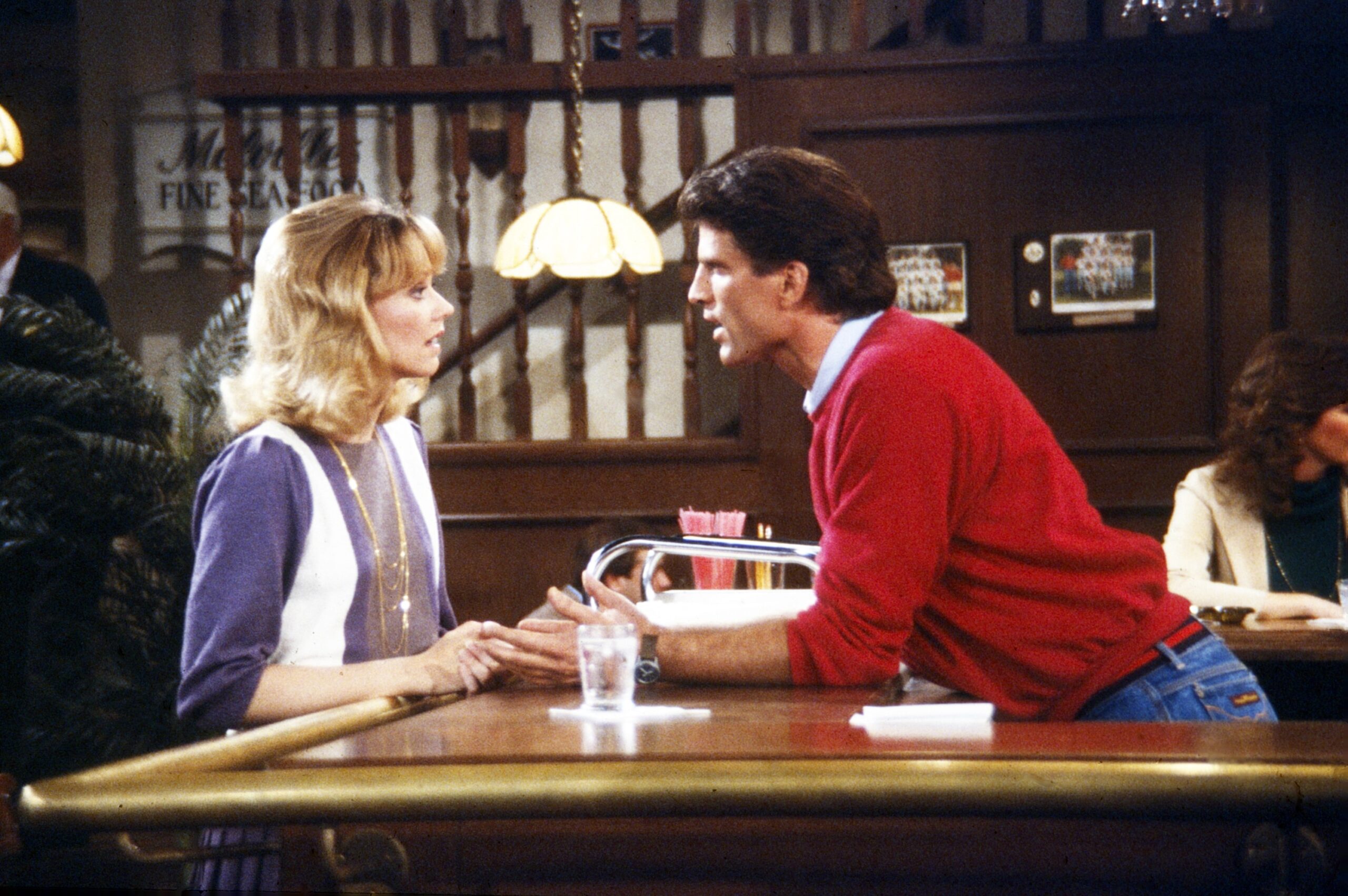 CHEERS stars Shelley Long and Ted Danson in a 1987 episode at the bar