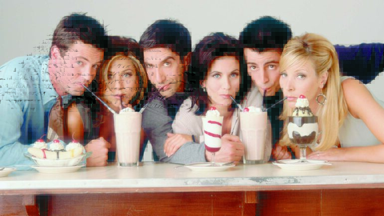 Cast of Friends sipping malt including Matthew Perry, Jennifer Aniston, David Schwimmer, Courteney Cox, Matt LeBlanc, Lisa Kudrow