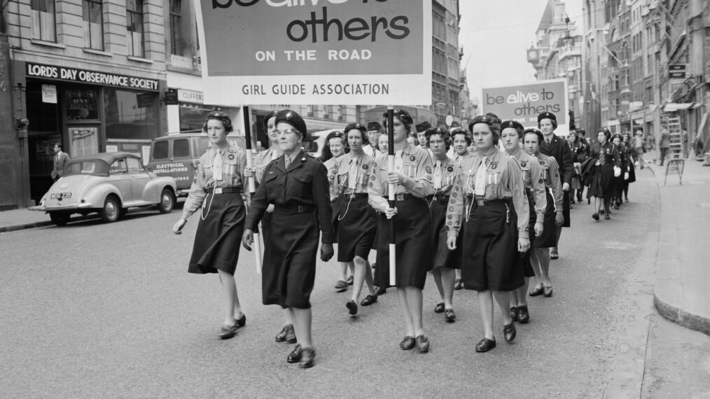 National Girl Scout Day, A troop of Girl Guides march down Fleet Street in London, as part of the new Road Safety Campaign organised by the Royal Society for the Prevention of Accidents, 22nd April 1961. Having processed from St Clement Danes to St Paul's Cathedral, they attended an inter-denominational service with the other marchers.