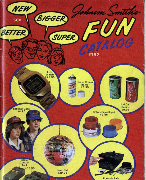 cover of a 1979 Johnson Smith mail order "fun catalog." Background of cover is red; on top of background are eight yellow circles, each containing a novelty product found within the catalog. 