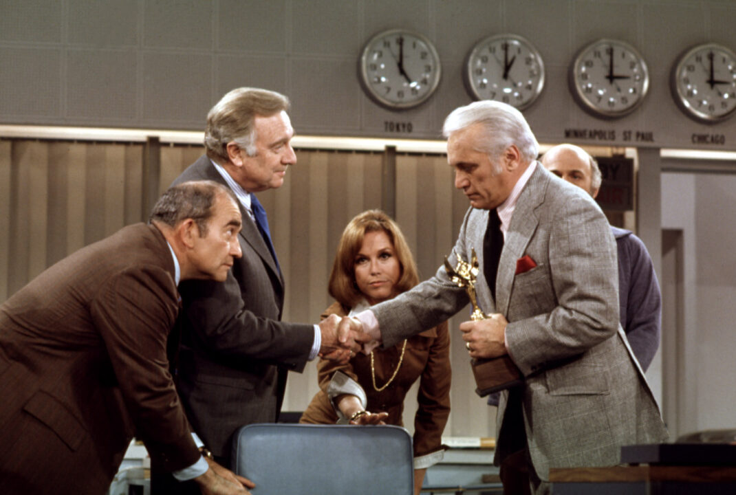MARY TYLER MOORE SHOW stars Edward Asner, Walter Cronkite, Mary Tyler Moore, Ted Knight, Gavin MacLeod