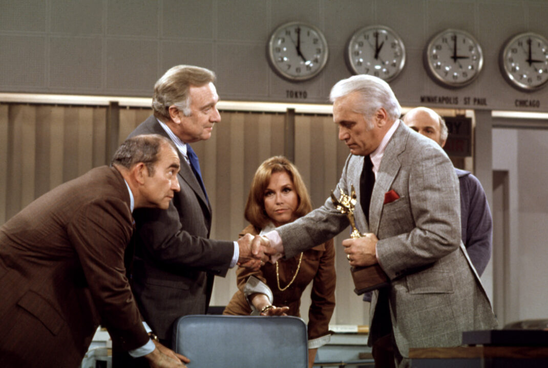 MARY TYLER MOORE SHOW stars Edward Asner, Walter Cronkite, Mary Tyler Moore, Ted Knight, Gavin MacLeod