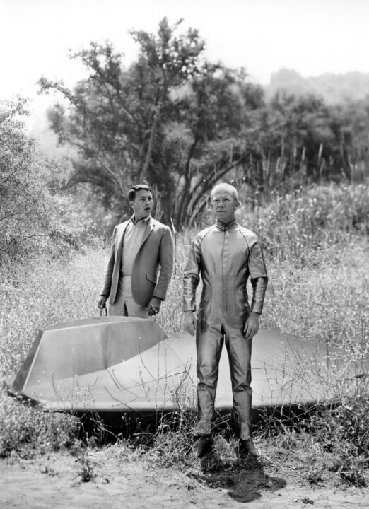 Bill Bixby and Ray Walston standing in front of a flying saucer in the pilot episode of the 1963-66 sitcom <i>My Favorite Martian</i>