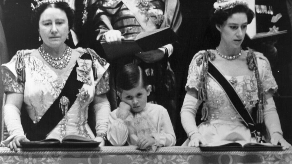 Queen Elizabeth Queen Mother and Prince Charles with Princess Margaret Rose (1930 - 2002) in the royal box at Westminster Abbey watching the Coronation ceremony of Queen Elizabeth II.