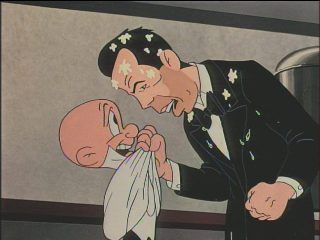An animated caricature of Humphrey Bogart grabs Elmer Fudd by the collar in a threatening way in the 1947 Merrie Melodies animated short <i>Slick Hare</i>