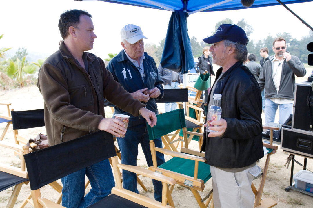 Executive producers Tom Hanks and Steven Spielberg with senior military advisor Dale Dye on the set of the 2010 HBO miniseries <i>The Pacific</i>