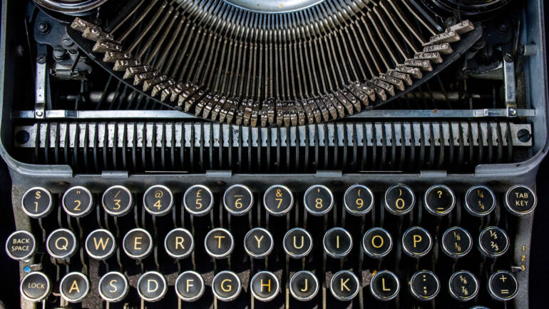 Stock photo, directly above shot of an old typewriter.