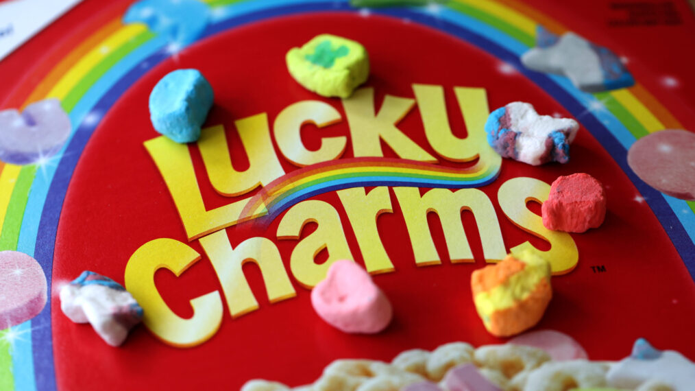 In this photo illustration, marshmallows from General Mills Lucky Charms cereal are displayed on a box on April 18, 2022 in San Anselmo, California.