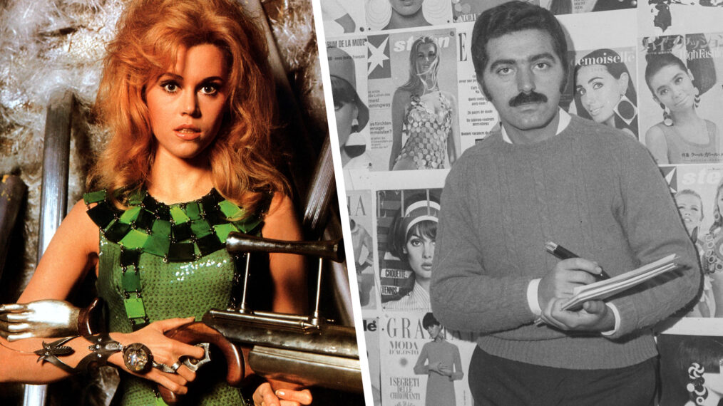 Fashion Designer Paco Rabanne along with photo of Jane Fonda wearing one of his creations in the movie Barabrella