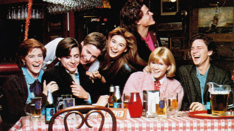 ST. ELMO'S FIRE, from left, Ally Sheedy, Judd Nelson, Emilio Estevez, Demi Moore, Mare Winningham, Rob Lowe, Andrew McCarthy, 1985