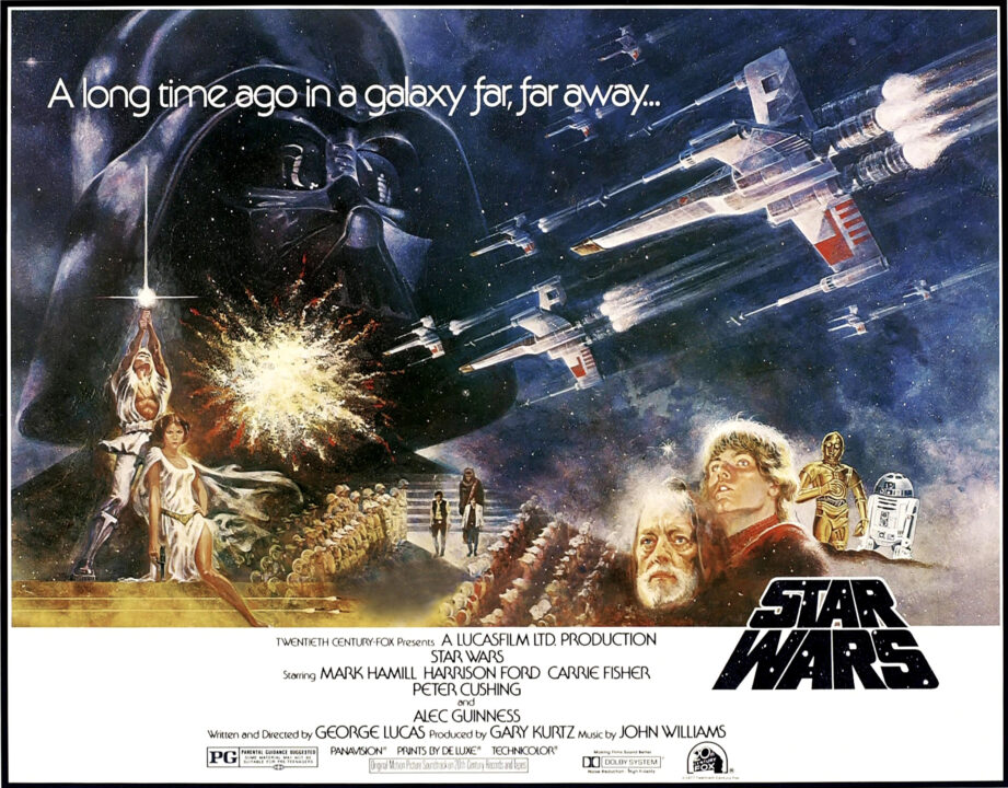 STAR WARS, (aka STAR WARS: EPISODE IV - A NEW HOPE), US poster art, Darth Vader, Carrie Fisher, Alec Guinness, Mark Hamill, C-3PO, R2-D2, 1977.
