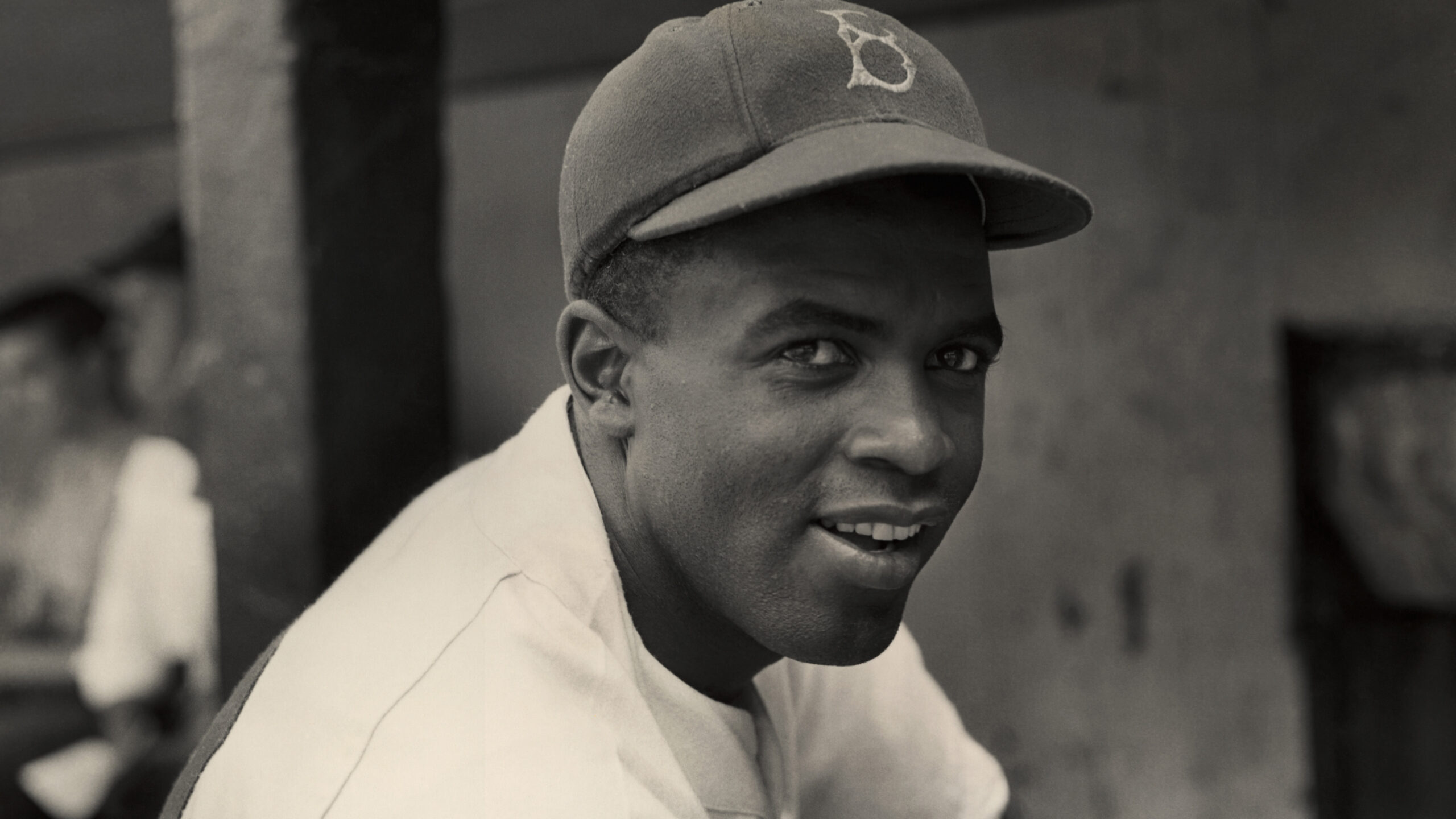 1945: A portrait of the Brooklyn Dodgers' infielder Jackie Robinson in uniform.