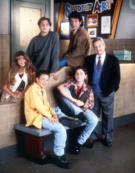 BOY MEETS WORLD, from left: Danielle Fishel, Ben Savage (bottom), Will Friedle, Alex Desert (top), Rider Strong, William Daniels, 1993-2000