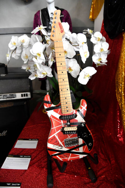 BEVERLY HILLS, CALIFORNIA - NOVEMBER 23: A Eddie Van Halen guitar on display as part of Julian Auctions Presents Icons And Idols: Rock 'N' Roll, Hollywood and Sports at Julien's Auctions on November 23, 2020 in Beverly Hills, California