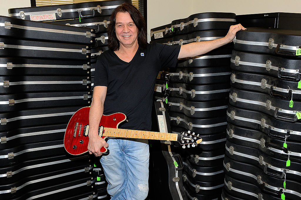 STUDIO CITY, CA - JANUARY 09: Musician Eddie Van Halen donates 75 electric guitars from his personal collection to The Mr. Holland's Opus Foundation, a non-profit organization that supports music education in public schools across the country, on January 9, 2012 in Studio City, California