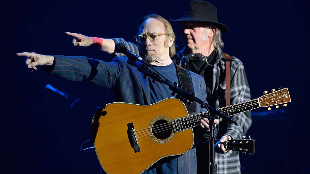 Musicians Stephen Stills and Neil Young perform onstage at the 4th Annual Light Up The Blues at the Pantages Theatre on May 21, 2016 in Hollywood, California
