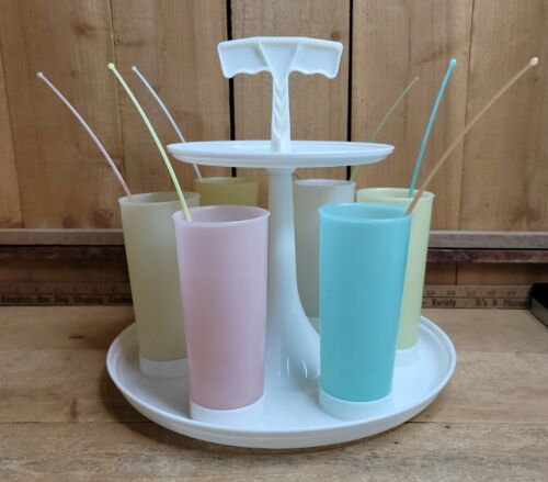 1960's Tupperware Drink Caddy with Tumblers and Stirrers