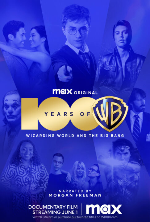 key art for the fourth of four specials in the "100 Years of Warner Bros." docuseries. It is a photo collage tinted with purple throughout. In the center is the title "100 Years of Warner Bros." and below that, the subtitle for this installment: "Wizarding World and the Big Bang." Below that reads "Narrated by Morgan Freeman." Right above the title is a notation that this documentary was an official selection at the 2023 Cannes Film Festival. Behind the titles, the image is made up of a collage of photos lined up around the titles. Starting at the upper center, and moving clockwise, images are Daniel Radcliffe as Harry Potter, Austin Butler in “Elvis,” Gal Gadot in “Wonder Woman,” Jim Parsons, Kaley Cuoco and Johnny Galecki in the sitcom “The Big Bang Theory,” Quinta Brunson in the sitcom “Abbot Elementary” and Joaquin Phoenix in “Joker.”
