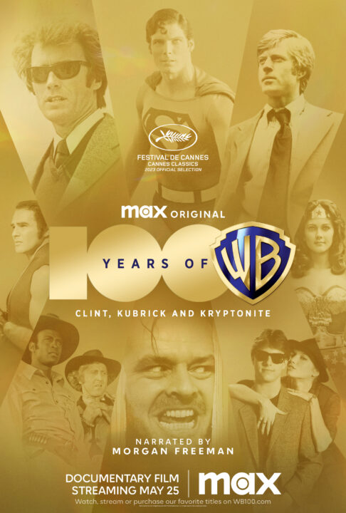 key art for the second of four specials in the "100 Years of Warner Bros." docuseries. It is a photo collage tinted with yellow throughout. In the center is the title "100 Years of Warner Bros." and below that, the subtitle for this installment: "Clint, Kubrick and Kryptonite." Below that reads "Narrated by Morgan Freeman." Right above the title is a notation that this documentary was an official selection at the 2023 Cannes Film Festival. Behind the titles, the image is made up of a collage of photos lined up around the titles. Starting at the upper left, and moving clockwise, images are Clint Eastwood in "Dirty Harry," Christopher Reeve in "Superman," Robert Redford in "All the President's Men," Lynda Carter in the "Wonder Woman" TV series, Tom Cruise and Rebecca De Mornay in "Risky Business," Jack Nicholson in "The Shining," Cleavon Little and Gene Wilder in "Blazing Saddles" and Burt Reynolds in "Deliverance."