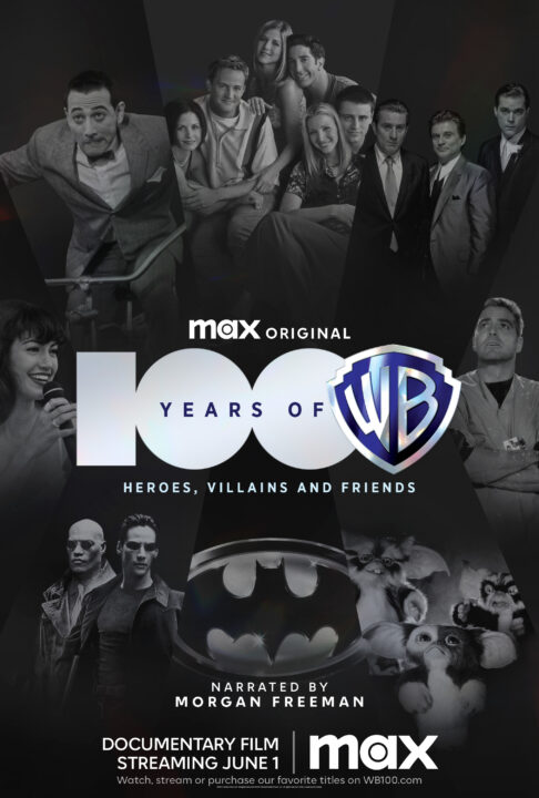 key art for the third of four specials in the "100 Years of Warner Bros." docuseries. It is a photo collage tinted with black throughout. In the center is the title "100 Years of Warner Bros." and below that, the subtitle for this installment: "Heroes, Villains and Friends" Below that reads "Narrated by Morgan Freeman." Right above the title is a notation that this documentary was an official selection at the 2023 Cannes Film Festival. Behind the titles, the image is made up of a collage of photos lined up around the titles. Starting at the upper left, and moving clockwise, images are Pee-Wee Herman in "Pee-Wee's Big Adventure," the cast of the sitcom "Friends," Robert De Niro, Joe Pesci and Ray Liotta in "Goodfellas," George Clooney in the TV drama "ER," Gizmo and two other Mogwai in the movie "Gremlins 2: The New Batch," the bat logo from the 1989 movie "Batman," Laurence Fishburne and Keanu Reeves in "The Matrix," and Jennifer Lopez in the movie "Selena."