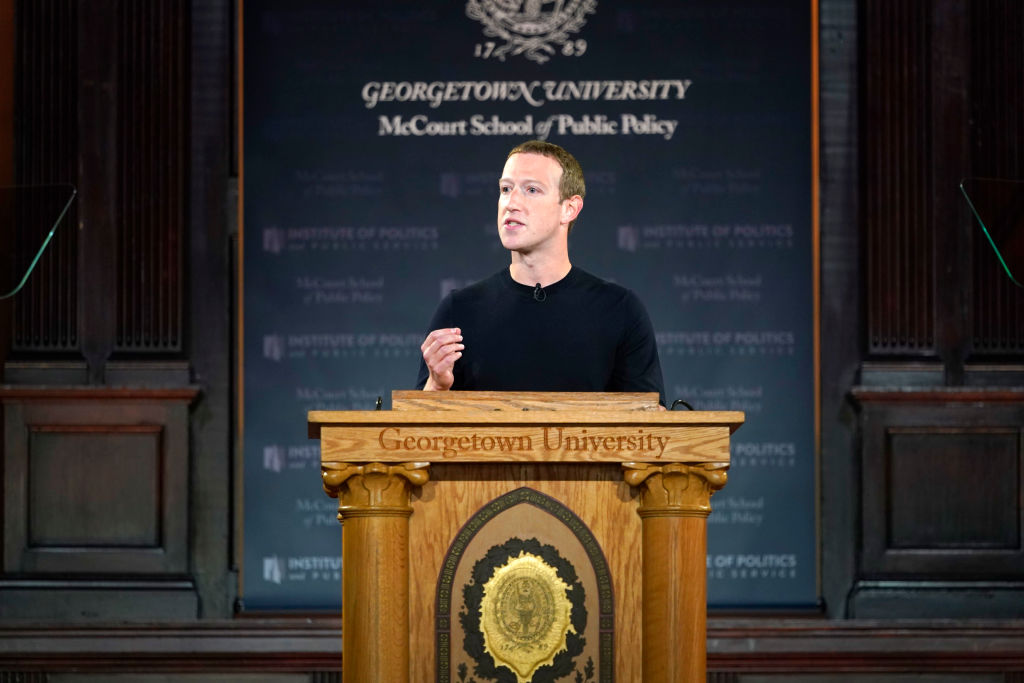 WASHINGTON, DC - OCTOBER 17: Facebook CEO Mark Zuckerberg leads a conversation on free expression at Georgetown University on October 17, 2019 in Washington, DC. The event was hosted by the university’s McCourt School of Public Policy and its Institute of Politics and Public Service (GU Politics). 