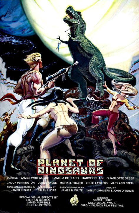 theatrical poster for the 1978 movie "Planet of Dinosaurs." It is illustrated in a "space opera" style depicting various characters, men and women in relatively skimpy outfits, on the rocky landscape of a planet. They are in the foreground and are aiming laser guns and spears at a tyrannosaurus rex-like dinosaur that is in the backdrop of the poster, set against what appears to be the planet's yellowish moon.