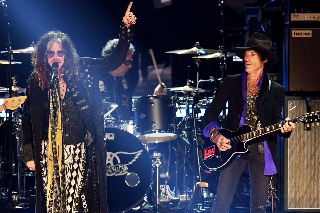 LOS ANGELES, CALIFORNIA - JANUARY 26: (L-R) Steven Tyler and Joe Perry of music group Aerosmith perform onstage during the 62nd Annual GRAMMY Awards at STAPLES Center on January 26, 2020 in Los Angeles, California