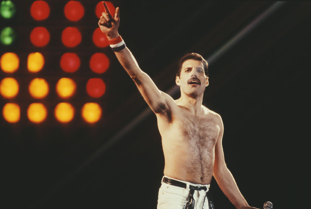 British singer Freddie Mercury (1946 - 1991) of rock band Queen in concert at Leeds Football Club, UK, 29th May 1982
