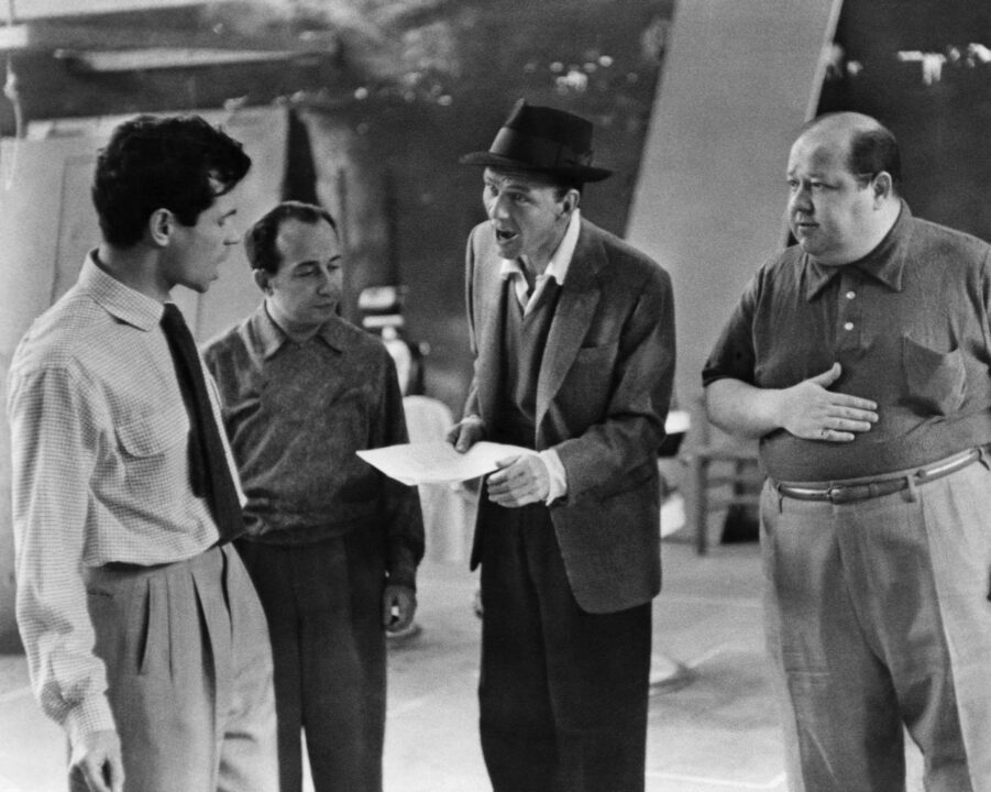 GUYS AND DOLLS, choreographer Michael Kidd, Johnny Silver, Frank Sinatra, Stubby Kaye, in rehearsal, 1955