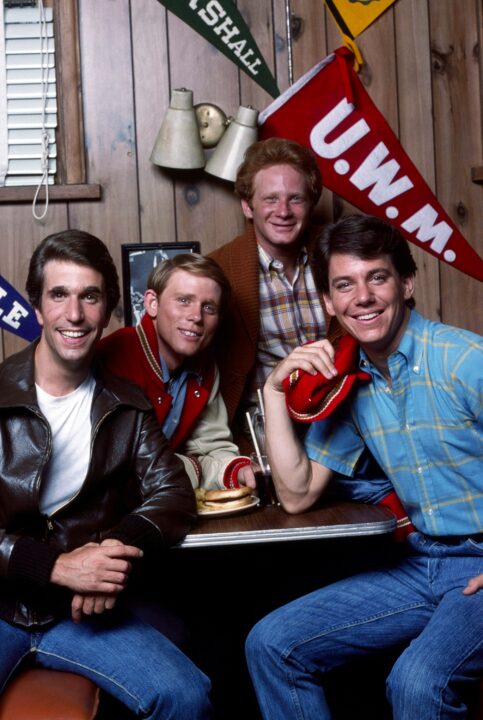 HAPPY DAYS, from left, Henry Winkler, Ron Howard, Don Most, Anson Williams, 1974-84 (1977 photo)