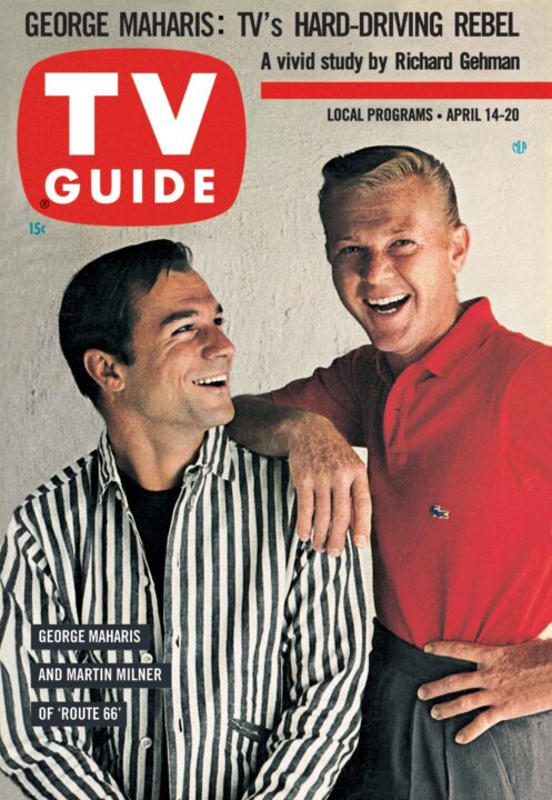 ROUTE 66, from left, George Maharis, Martin Milner, TV GUIDE cover, April 14-20, 1962. 