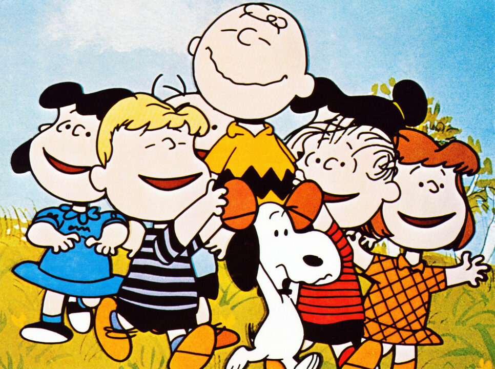 A BOY NAMED CHARLIE BROWN, Charlie Brown, being carried by (from left) Lucy, Schroeder, Snoopy, Violet, Linus, Patty, 1969