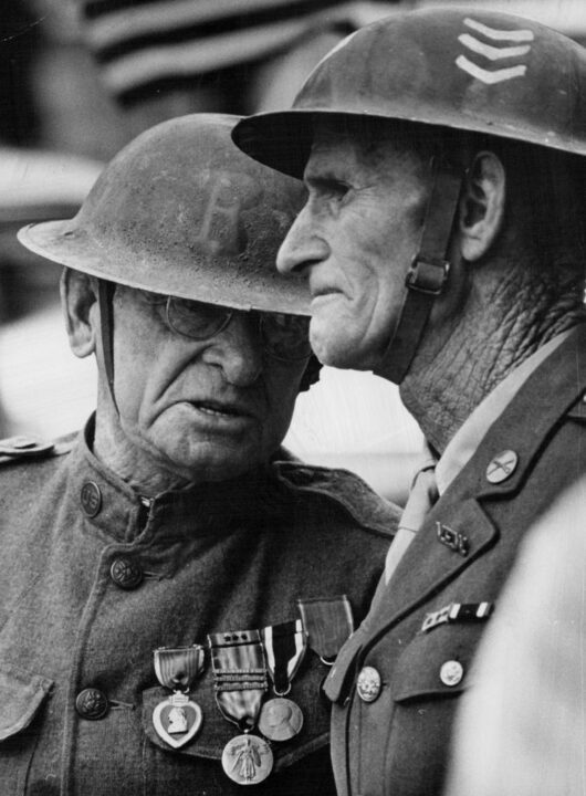 MAY 27 1971, MAY 29 1971, MAY 30 1971 World War I veterans reminisce at Saturday's memorial Day parade Dwight Williams, 75, left, talks with Jesse A. Snyder, 72, before beginning march