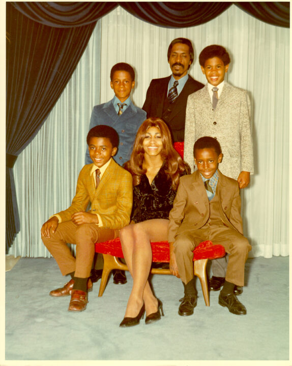 CIRCA 1972: Ike & Tina Turner pose for a portrait with their son and step-sons in circa 1972. Clockwise from bottom left: Michael Turner (Son of Ike & Lorraine Taylor), Ike Turner, Jr. (Son of Ike & Lorraine Taylor), Ike Turner, Craig Hill (Son of Tina & Raymond Hill), Ronnie Turner (Son of Ike & Tina) (1960 - 2022). 