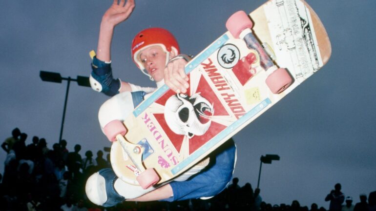 DEL MAR, CA - APRIL 1985: Tony Hawk does a frontside air as he competes in the National Skateboarding Association event at the Del Mar Skate Ranch in April 1985 in Del Mar, California.