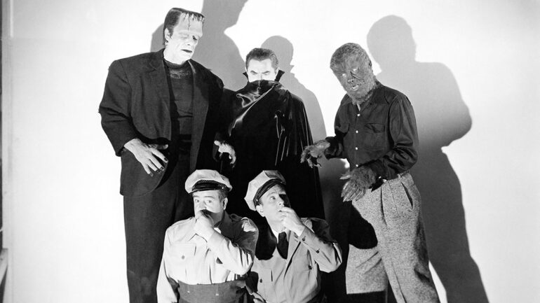 a black and white publicity shot for the 1948 horror comedy 