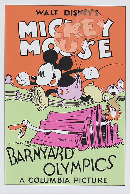 a movie poster for the 1932 Disney animated short "Barnyard Olympics," depicting star Mickey Mouse jumping over a barn, coming from the right of the poster and headed toward the left.