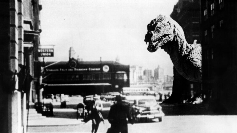black-and-white still image from the 1953 monster movie 