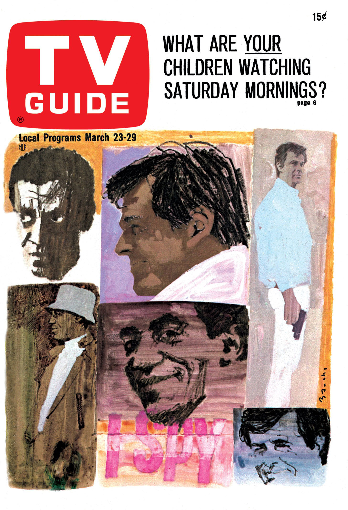 I SPY, from left: Bill Cosby, Robert Culp, TV GUIDE cover, March 23-29, 1968. Illustration by Bernard Fuchs. 