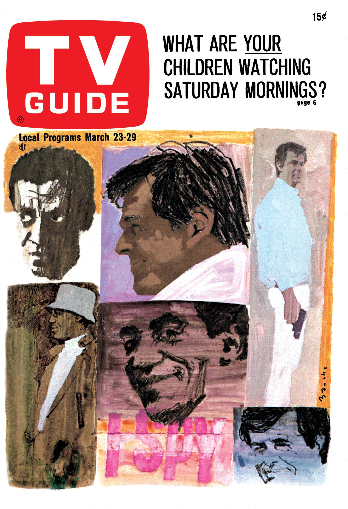 I SPY, from left: Bill Cosby, Robert Culp, TV GUIDE cover, March 23-29, 1968. Illustration by Bernard Fuchs.