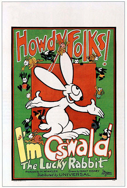poster art for a 1927 animated short introducing Oswald the Lucky Rabbit, who was drawn by Walt Disney. Oswald, a silly-looking cartoon rabbit, is standing in the center of the poster, in front of a red square set against the poster's overall green background. Above him, in a silly font, reads "Howdy Folks!" Below him, in that same font, reads "I'm Oswald."