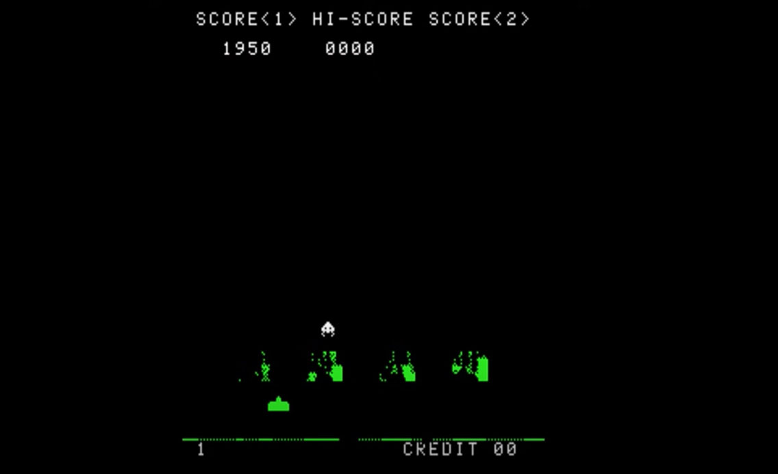 image from the 1978 video game Space Invaders. It is a screenshot of a point in the game when one invader is left on screen and it speeds up, getting ever closer as it goes back in forth across the screen, getting lower and lower toward the player's ship at the bottom that is attempting to shoot it.