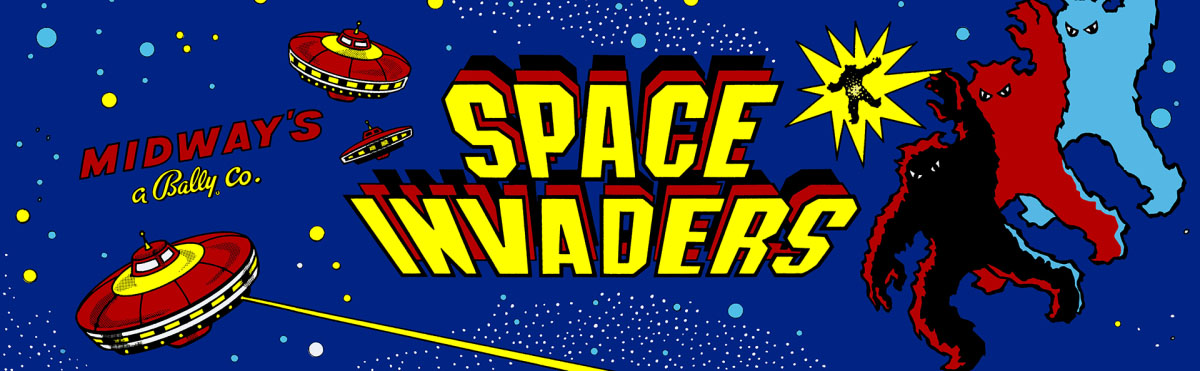 marquee art from the arcade machine for the 1978 video game Space Invaders. The title is in yellow lettering, and around it is artwork of various UFOs and alien monsters attacking.