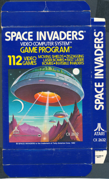 box art for the 1980 Atari 2600 home system adaptation of the video game Space Invaders. it is a blue box, with art in the center depicting a UFO above a planet with beams coming out of it. Below the name of the game, in white lettering, there is yellow lettering on the box indicates there are 112 game variations in the cartridge.