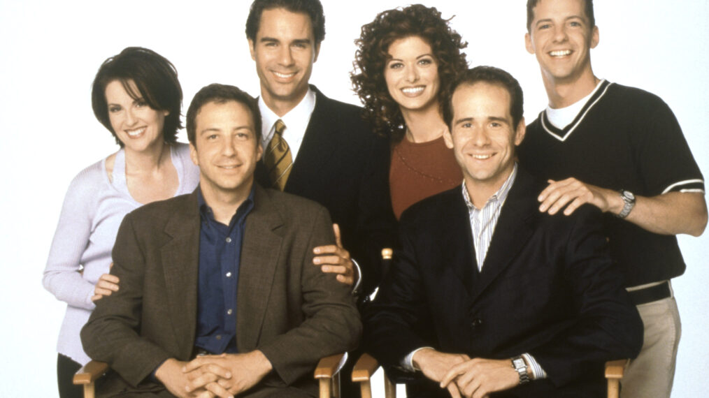 WILL AND GRACE, (from left): Megan Mullally, co-creator David Kohan, Eric McCormack, Debra Messing, co-creator Max Mauchnick, Sean Hayes, 1998-2006.