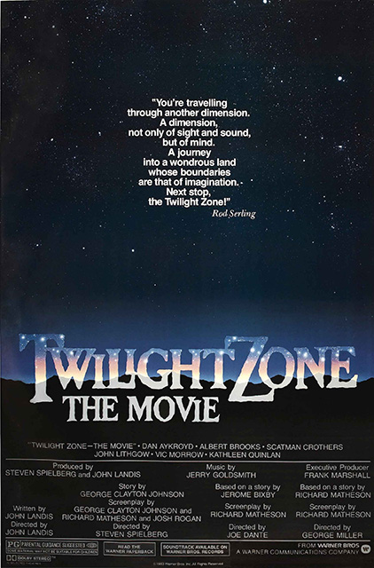 movie poster for the 1983 film "Twilight Zone: The Movie." It depicts the title treatment for the film in white, larger lettering near the bottom of an image of a landscape with dark silhouettes of mountains in the background. There is a starry sky above it, on which is written, in white lettering, Rod Serling's intro to his TV series "The Twilight Zone": "You're travelling through another dimension. A dimension, not only of sight and sound, but of mind. A journey into a wondrous land whose boundaries are that of imagination. Next stop, the Twilight Zone!"